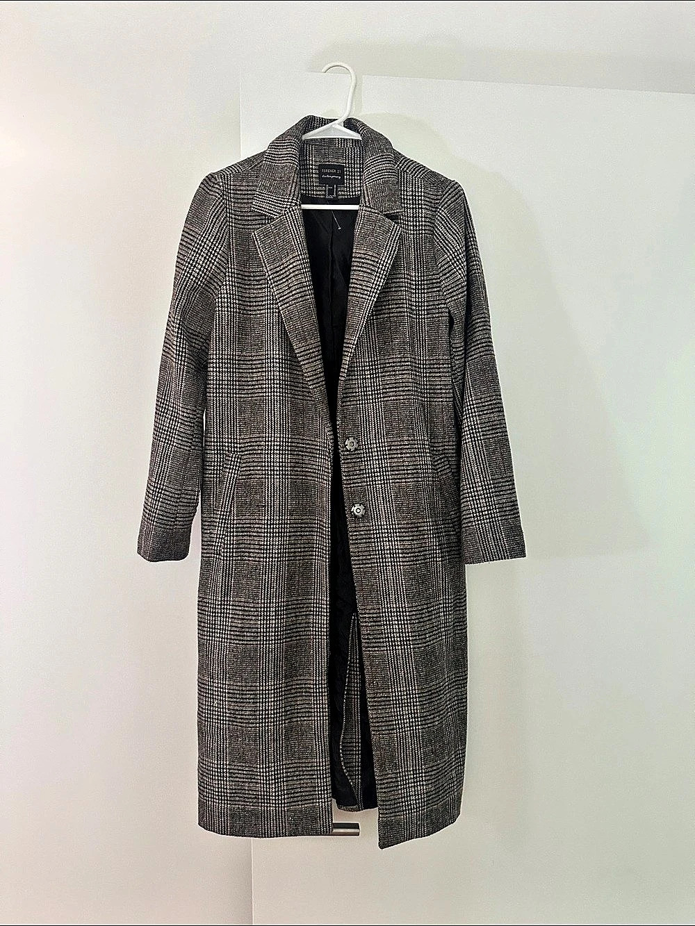 Forever 21 Plaid Long Coat in Brown & Black